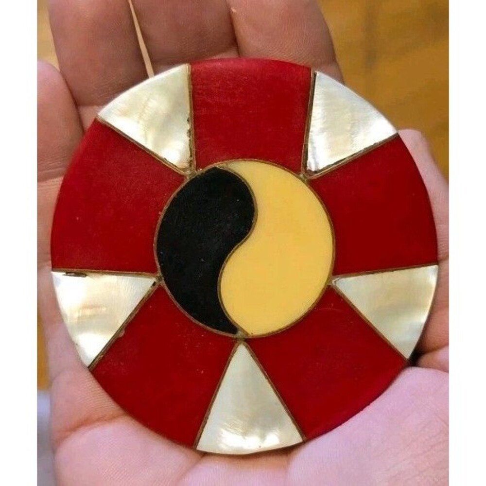 MOD 70s ART Belt Buckel Ying Yang Mother Of Pearl Black Cream Red Retro Hippie